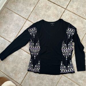 Miss Me Black Long Sleeve Top with Colorful Embroidery